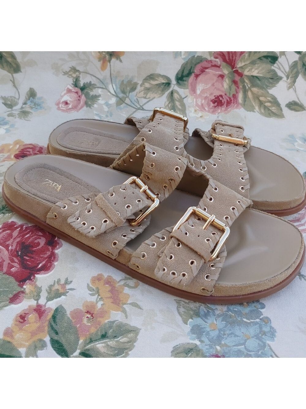 Zara Tan Suede Double Strap Slide Sandals with Gromets Women's size US 11 Euro 4 - Picture 14 of 17